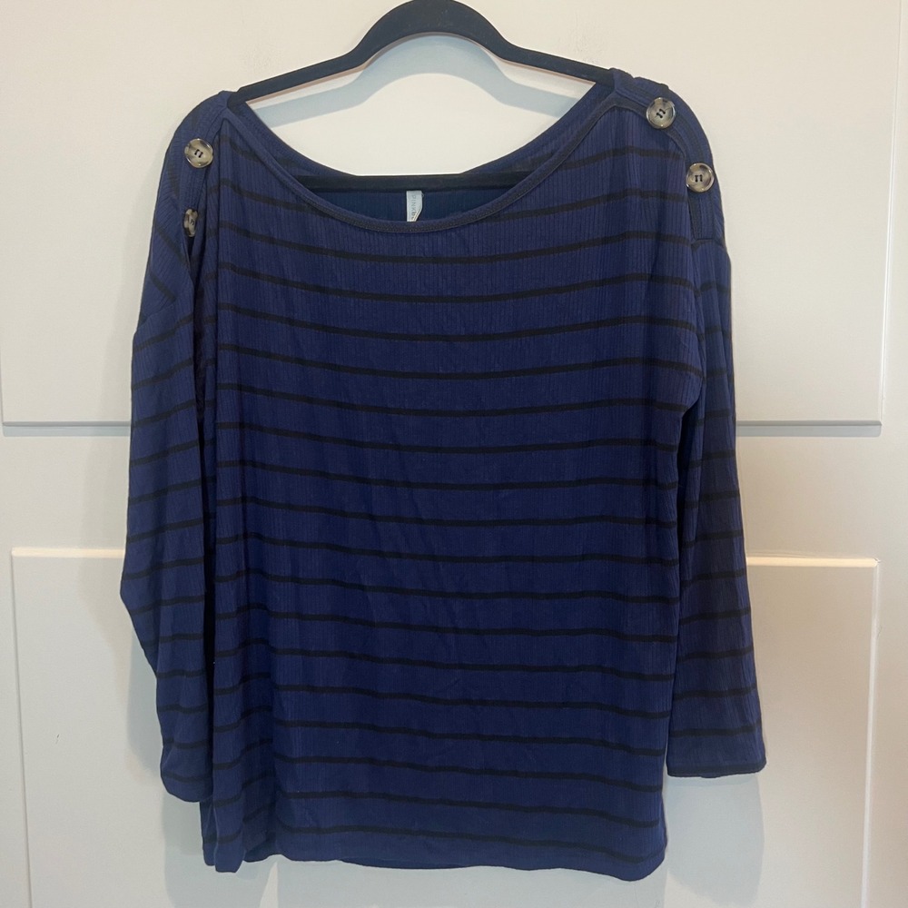 Pink Blush Women's XL‎ Blue Striped Ribbed Knit Boat Neck Button Long Sleeve Top